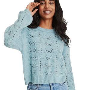 American Eagle Women Fuzzy Blue Green Mixed Knit Sweater M Blue Green Cozy Warm